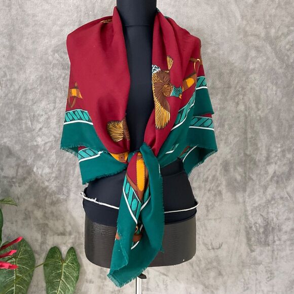 VTG Large Square Scarf Shawl Wrap Phesants/ horse Bit 45”x45”  Fringe - Picture 11 of 11